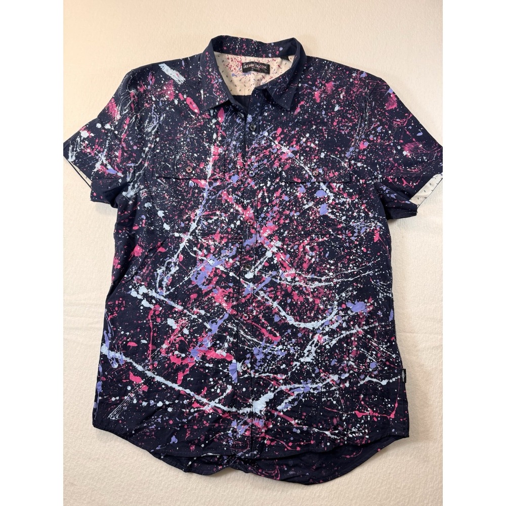 Kenneth Cole Mens Button Up L Blue Short Sleeve Handmade Paint Splatter Pattern